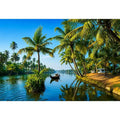 kerala backwaters wall art tropical river palm trees boat serene landscape canvas decor