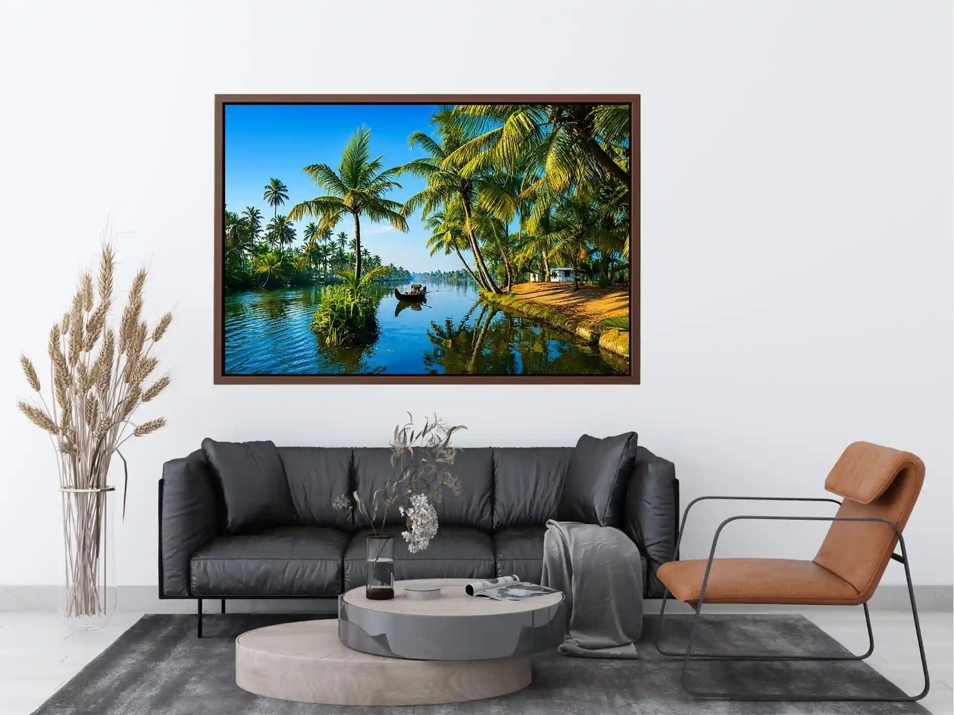 kerala backwaters wall art tropical river palm trees boat serene landscape canvas decor