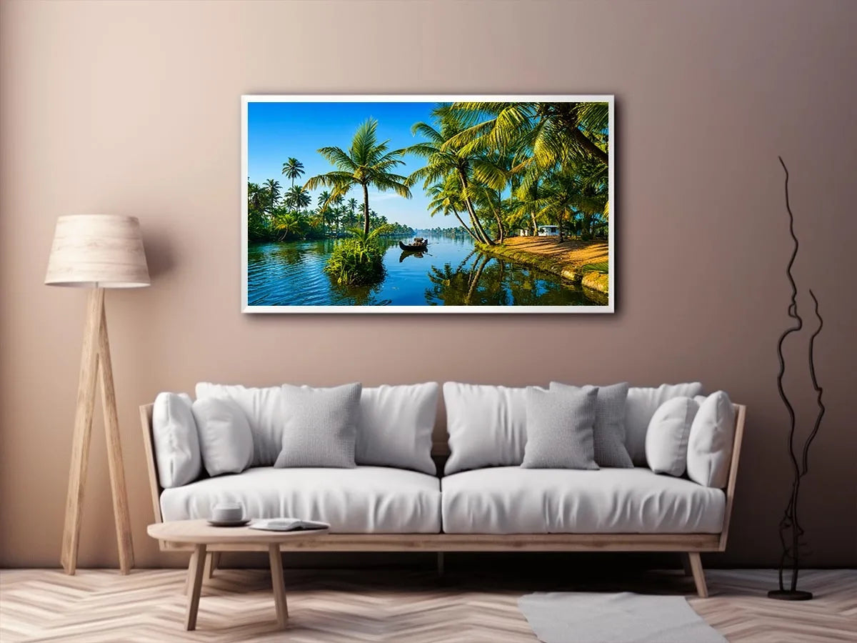 kerala backwaters wall art tropical river palm trees boat serene landscape canvas decor