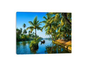 kerala backwaters wall art tropical river palm trees boat serene landscape canvas decor