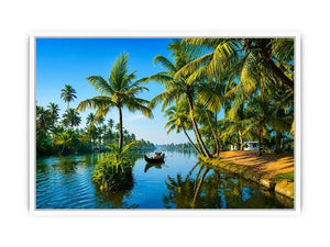 kerala backwaters wall art tropical river palm trees boat serene landscape canvas decor