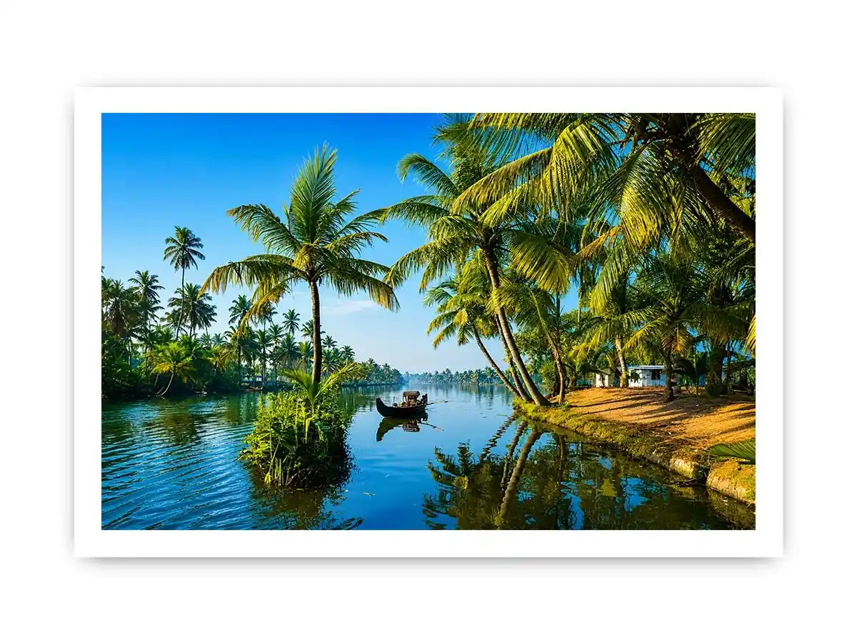 kerala backwaters wall art tropical river palm trees boat serene landscape canvas decor