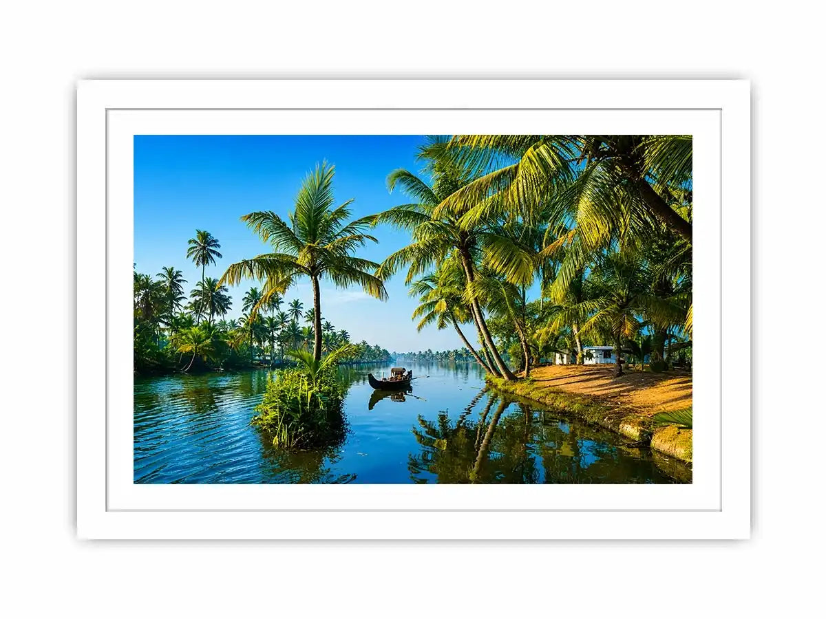 kerala backwaters wall art tropical river palm trees boat serene landscape canvas decor