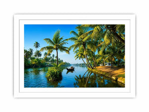 kerala backwaters wall art tropical river palm trees boat serene landscape canvas decor
