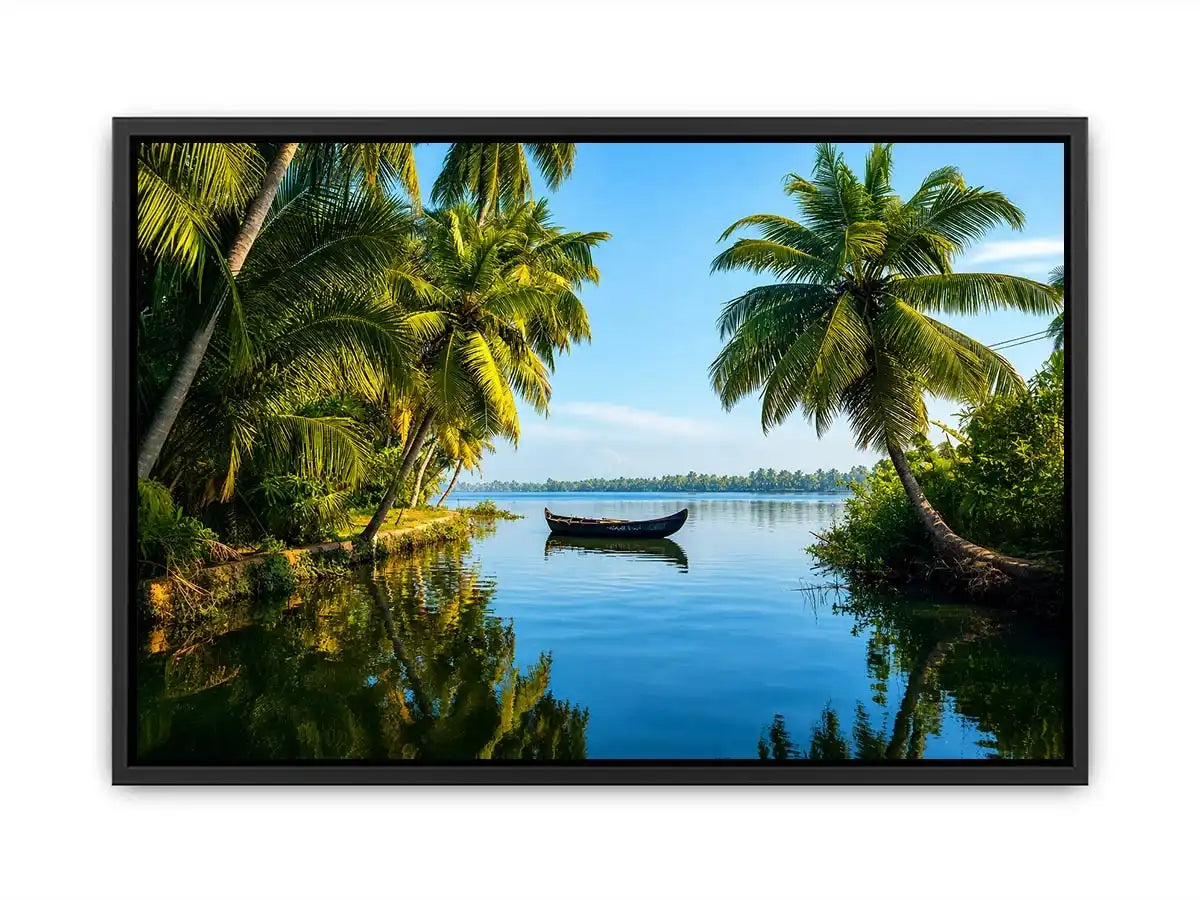 Kerala backwaters boat reflection tropical palm trees serene luxury coastal wall art canvas print