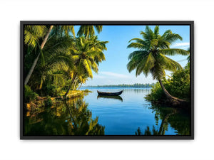 Kerala backwaters boat reflection tropical palm trees serene luxury coastal wall art canvas print