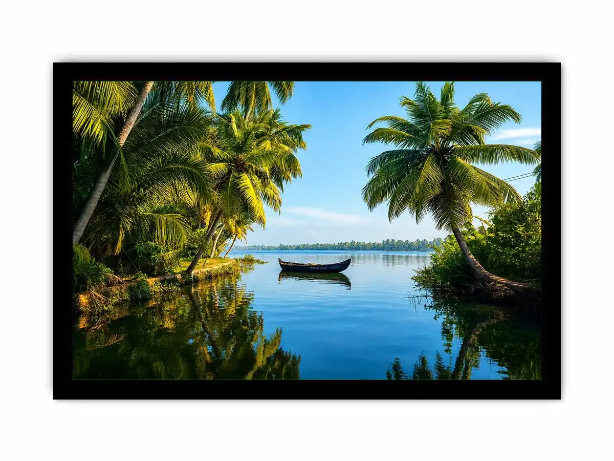 Kerala backwaters boat reflection tropical palm trees serene luxury coastal wall art canvas print