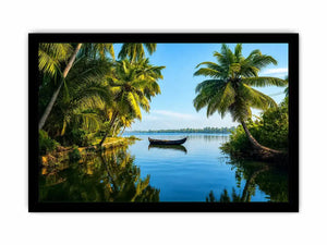 Kerala backwaters boat reflection tropical palm trees serene luxury coastal wall art canvas print