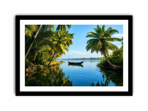 Kerala backwaters boat reflection tropical palm trees serene luxury coastal wall art canvas print