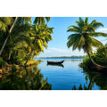 Kerala backwaters boat reflection tropical palm trees serene luxury coastal wall art canvas print