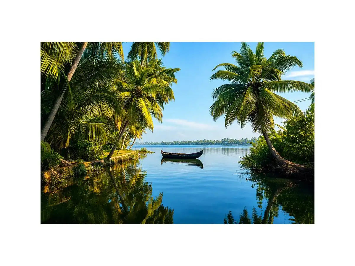 Kerala backwaters boat reflection tropical palm trees serene luxury coastal wall art canvas print