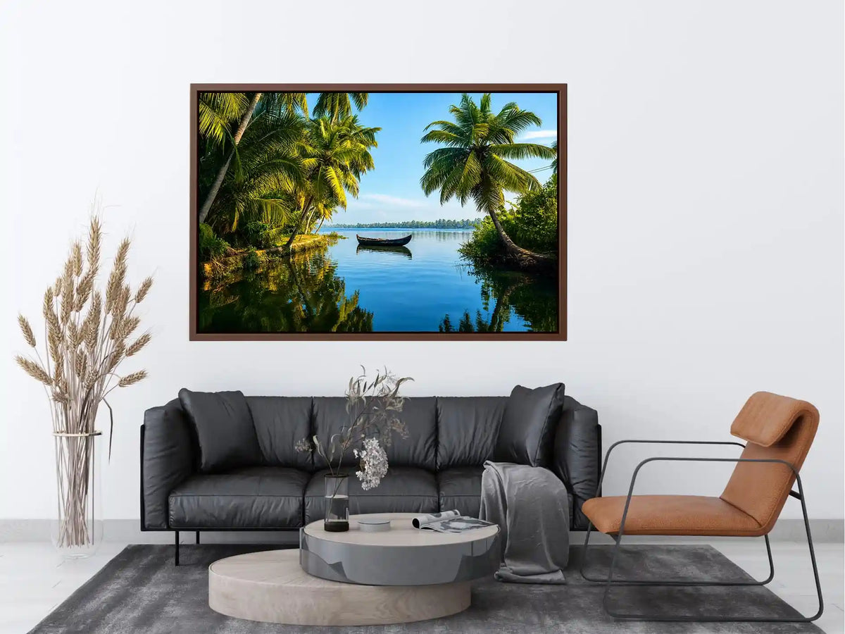 Kerala backwaters boat reflection tropical palm trees serene luxury coastal wall art canvas print