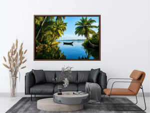 Kerala backwaters boat reflection tropical palm trees serene luxury coastal wall art canvas print