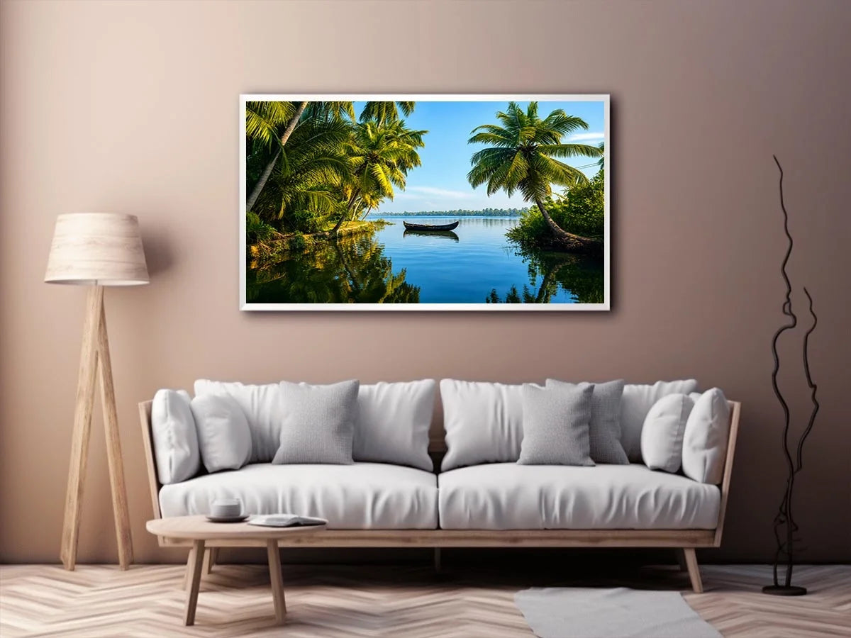 Kerala backwaters boat reflection tropical palm trees serene luxury coastal wall art canvas print