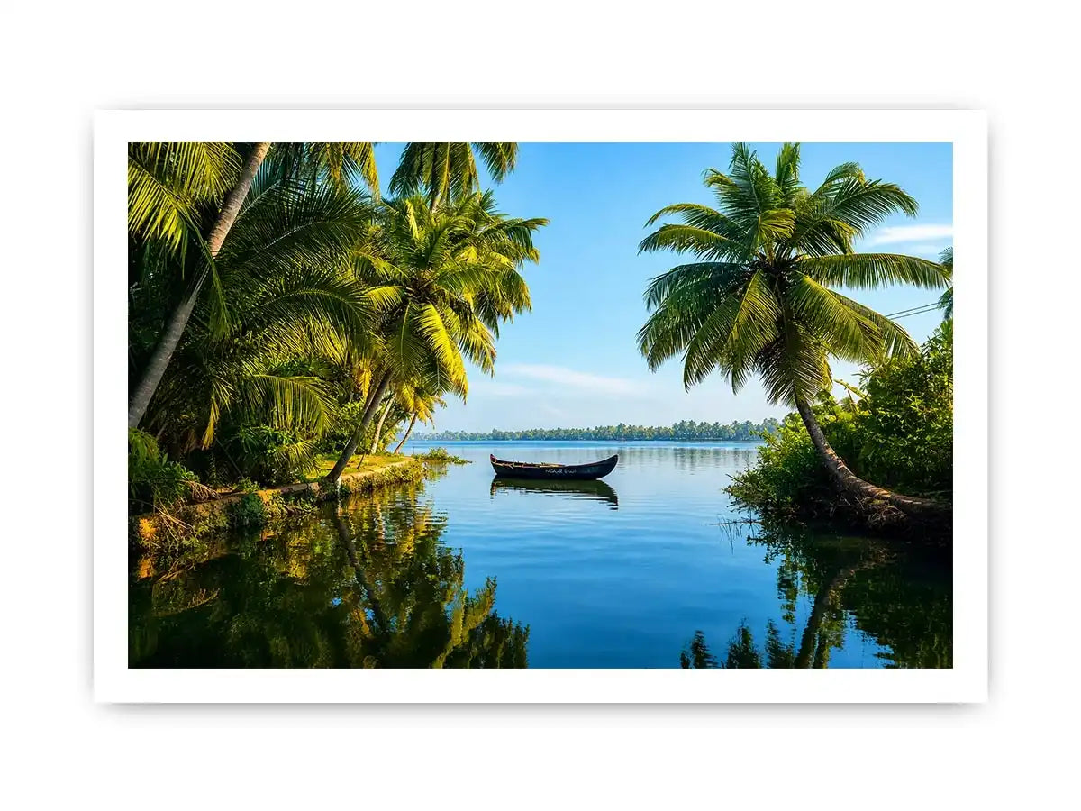 Kerala backwaters boat reflection tropical palm trees serene luxury coastal wall art canvas print