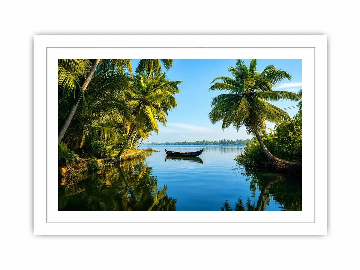 Kerala backwaters boat reflection tropical palm trees serene luxury coastal wall art canvas print