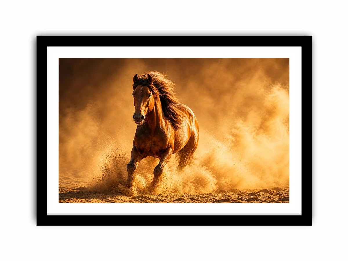 running horse desert dust golden light powerful animal wall art canvas