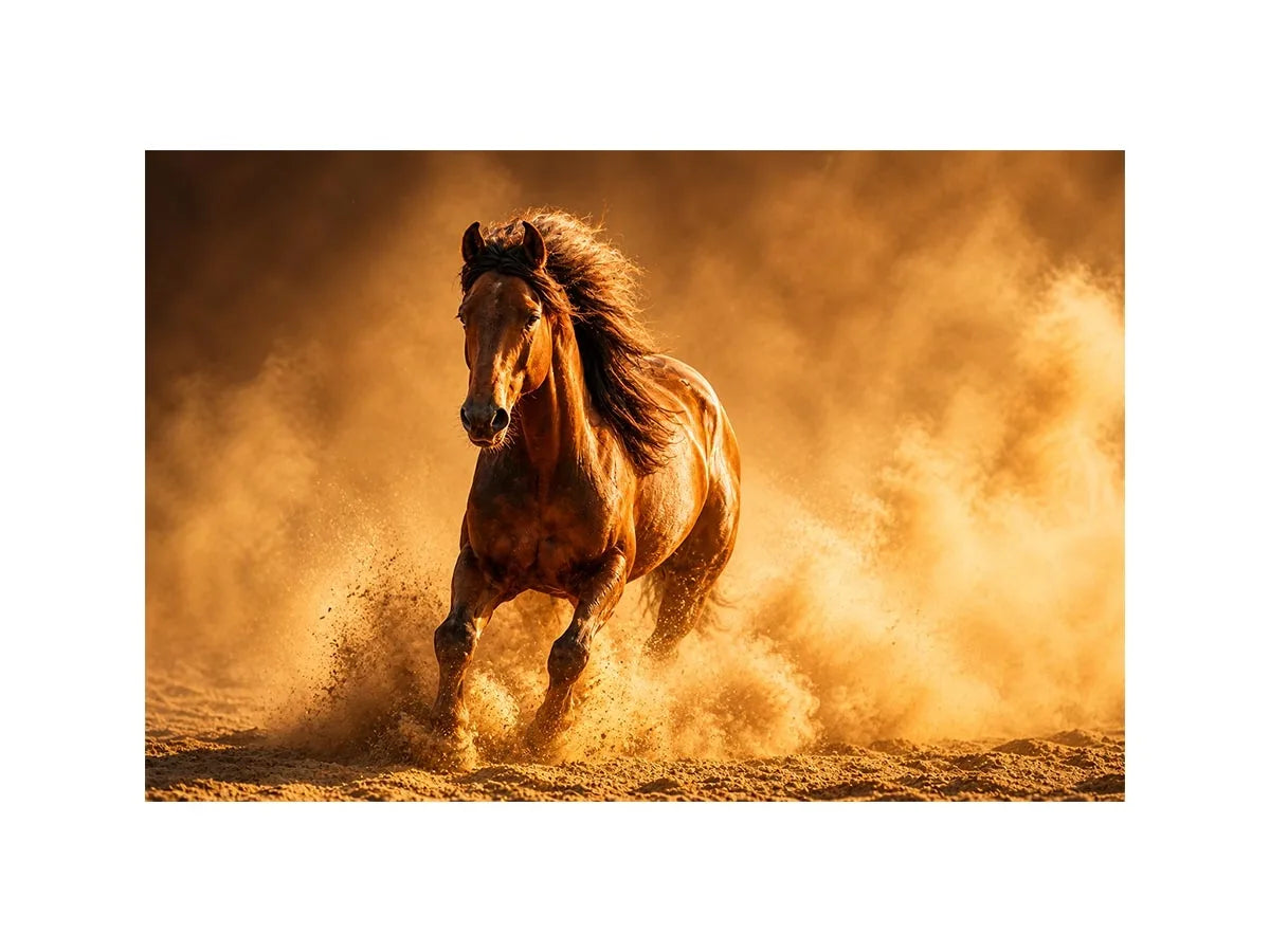 running horse desert dust golden light powerful animal wall art canvas