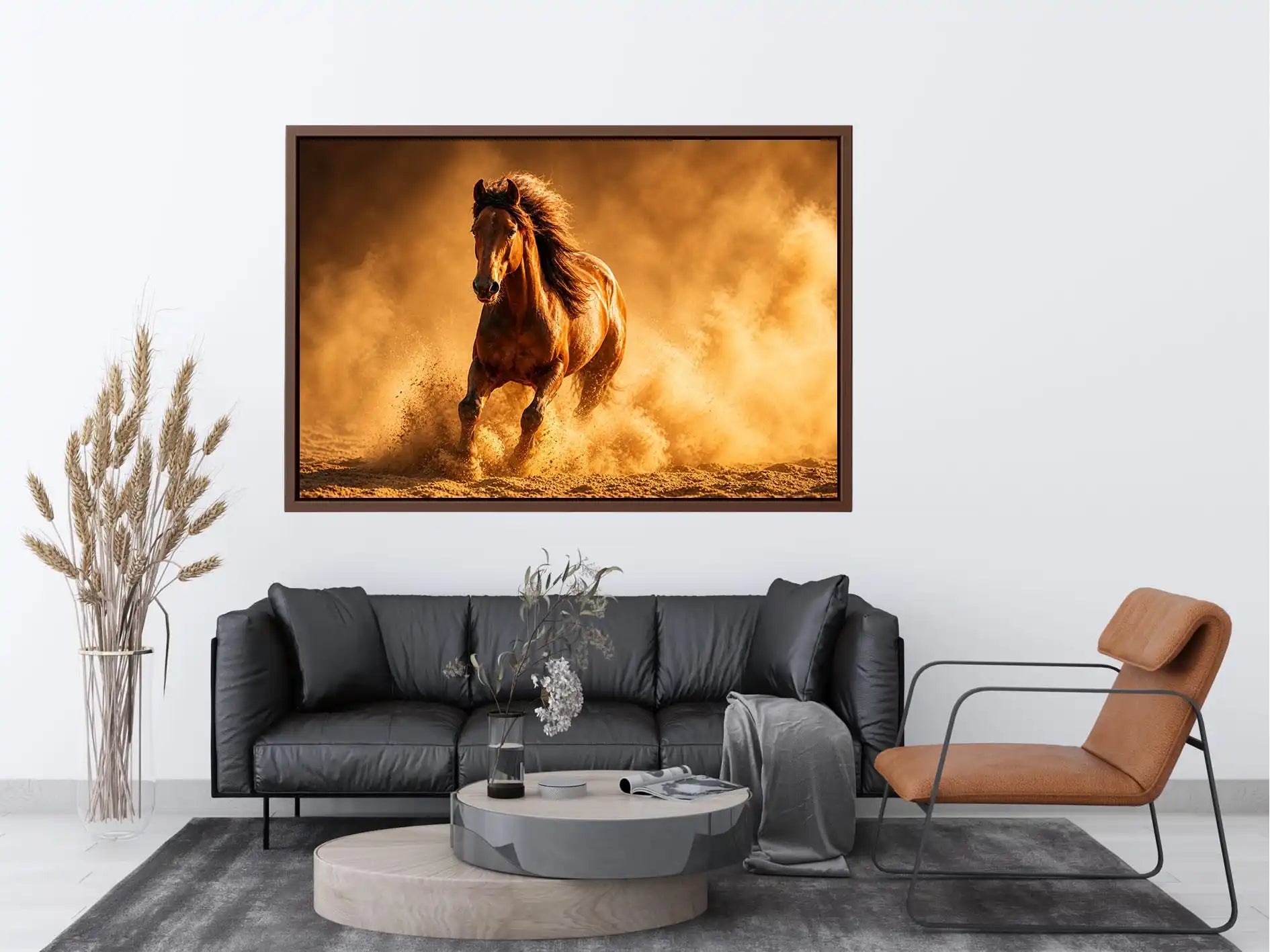 running horse desert dust golden light powerful animal wall art canvas