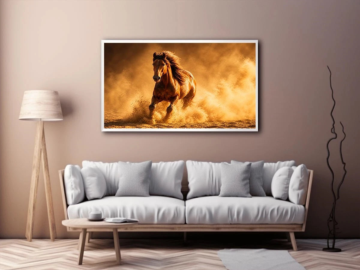 running horse desert dust golden light powerful animal wall art canvas