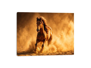 running horse desert dust golden light powerful animal wall art canvas