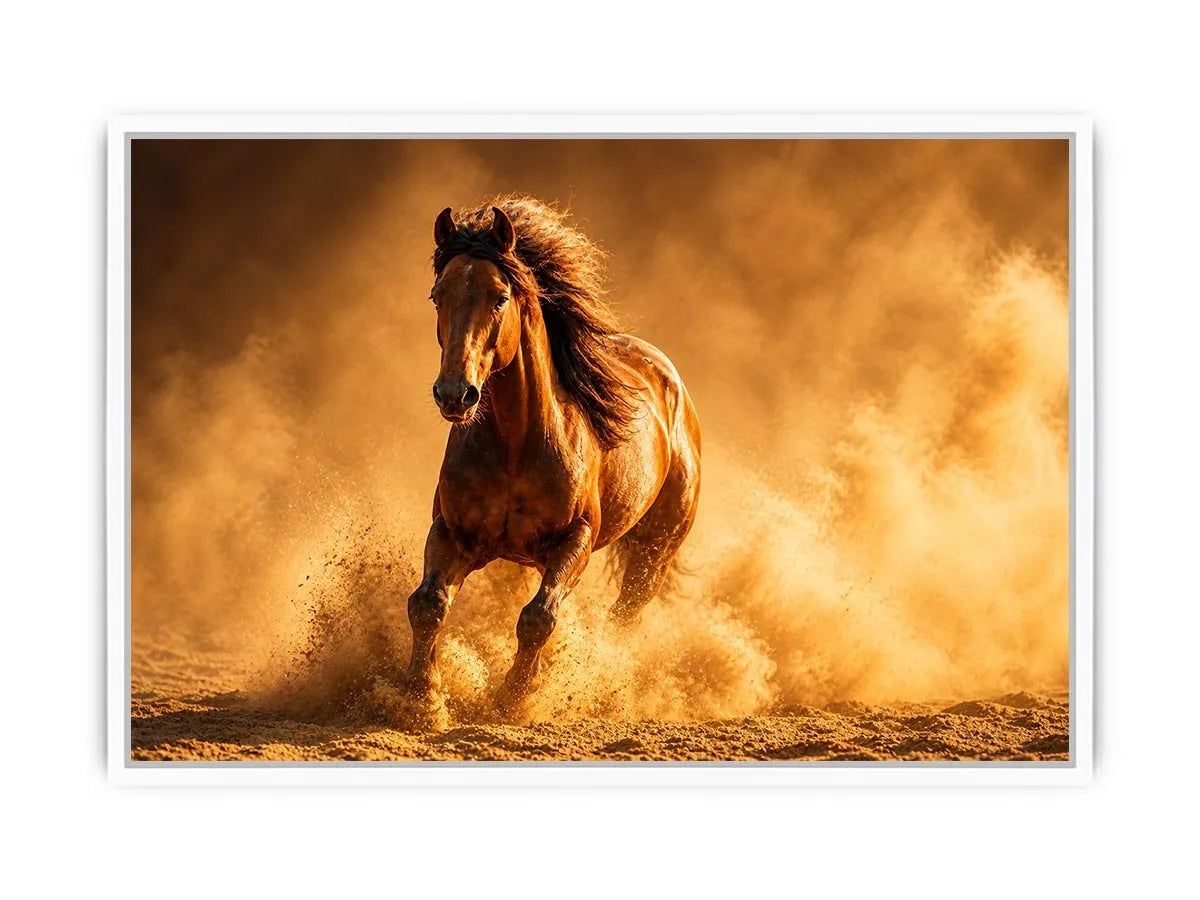 running horse desert dust golden light powerful animal wall art canvas