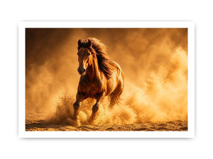 running horse desert dust golden light powerful animal wall art canvas