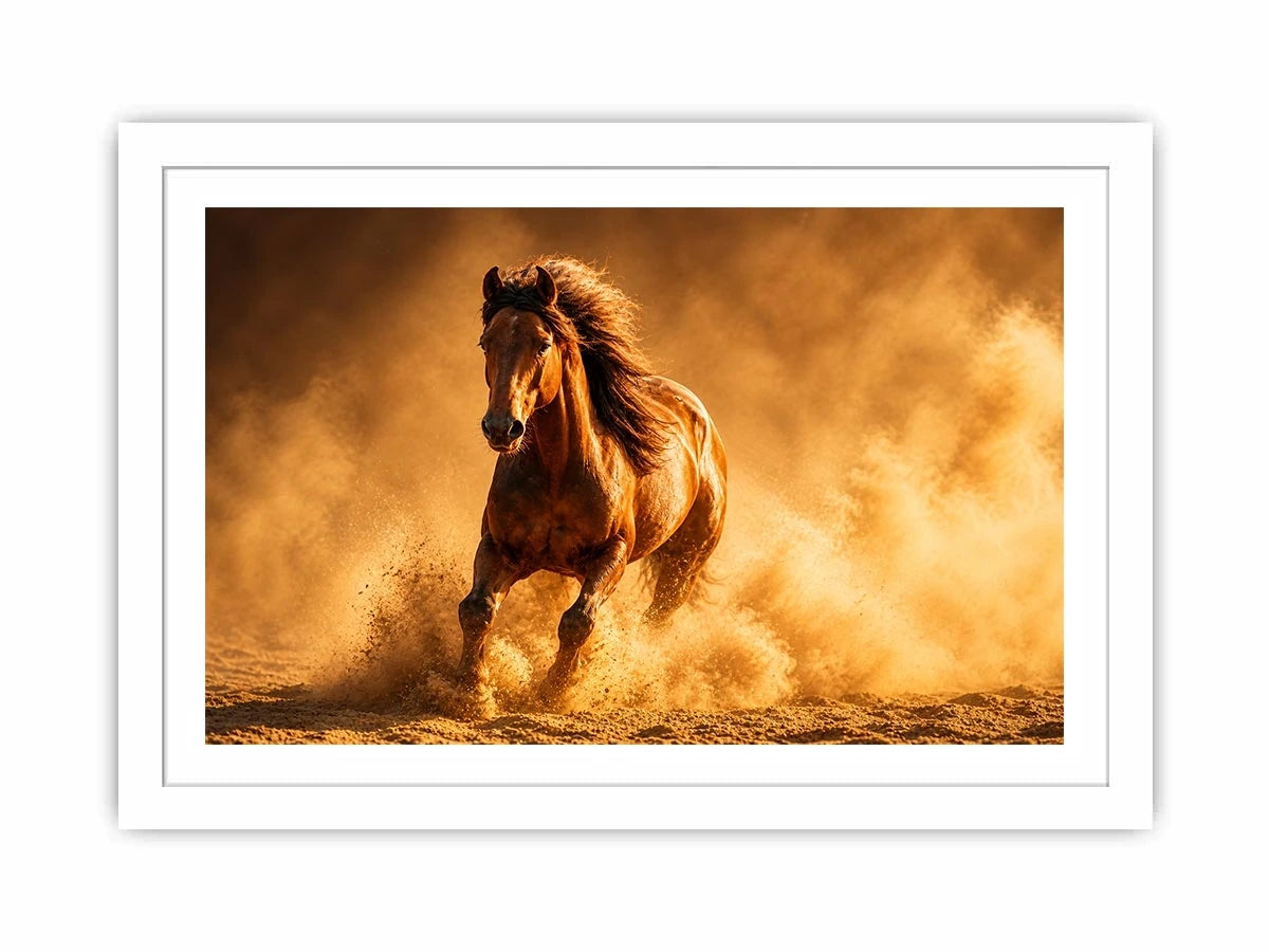 running horse desert dust golden light powerful animal wall art canvas