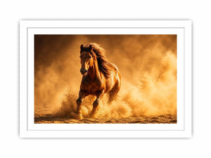 running horse desert dust golden light powerful animal wall art canvas