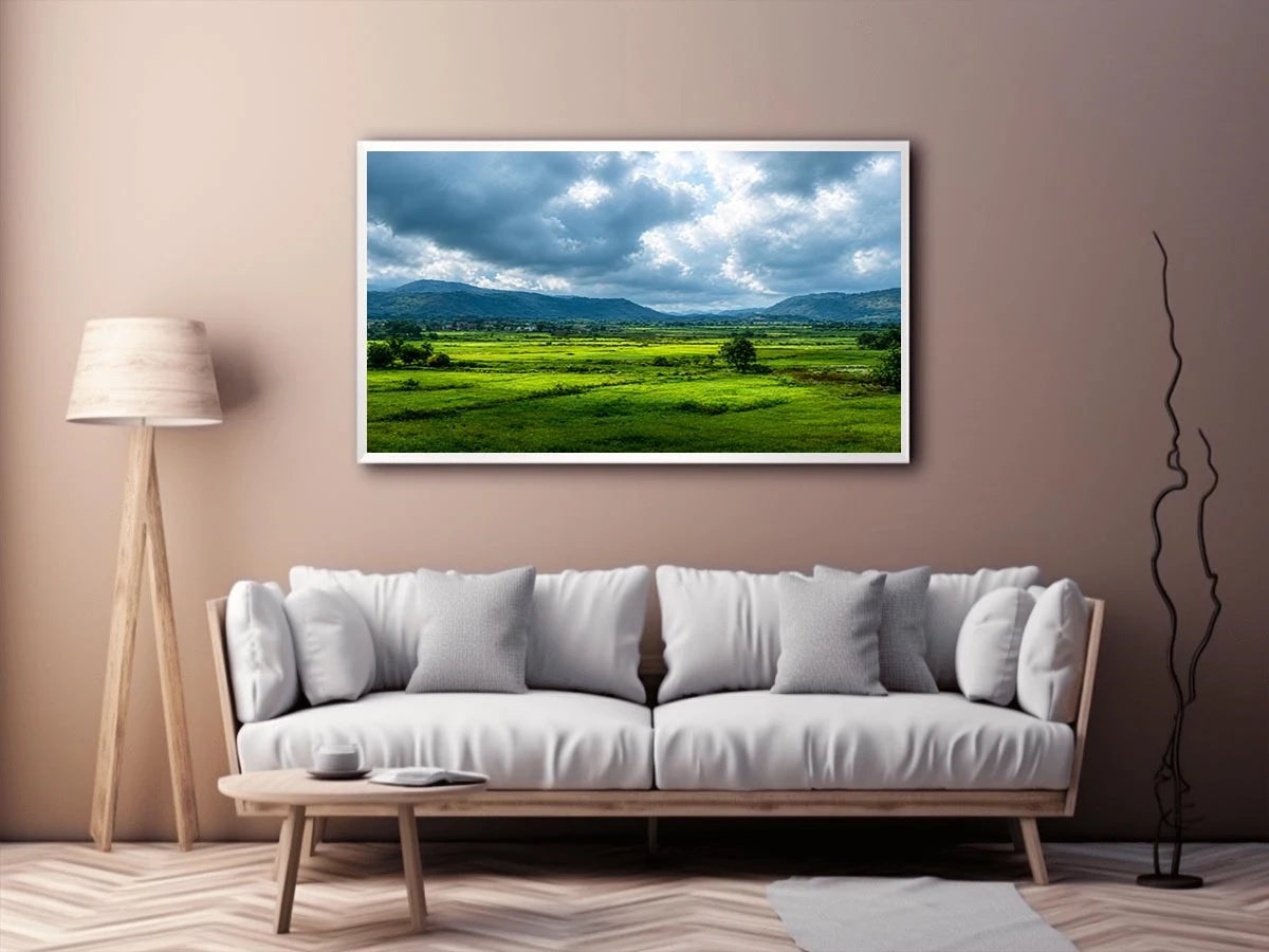 green valley landscape misty hills nature wall art calming countryside canvas