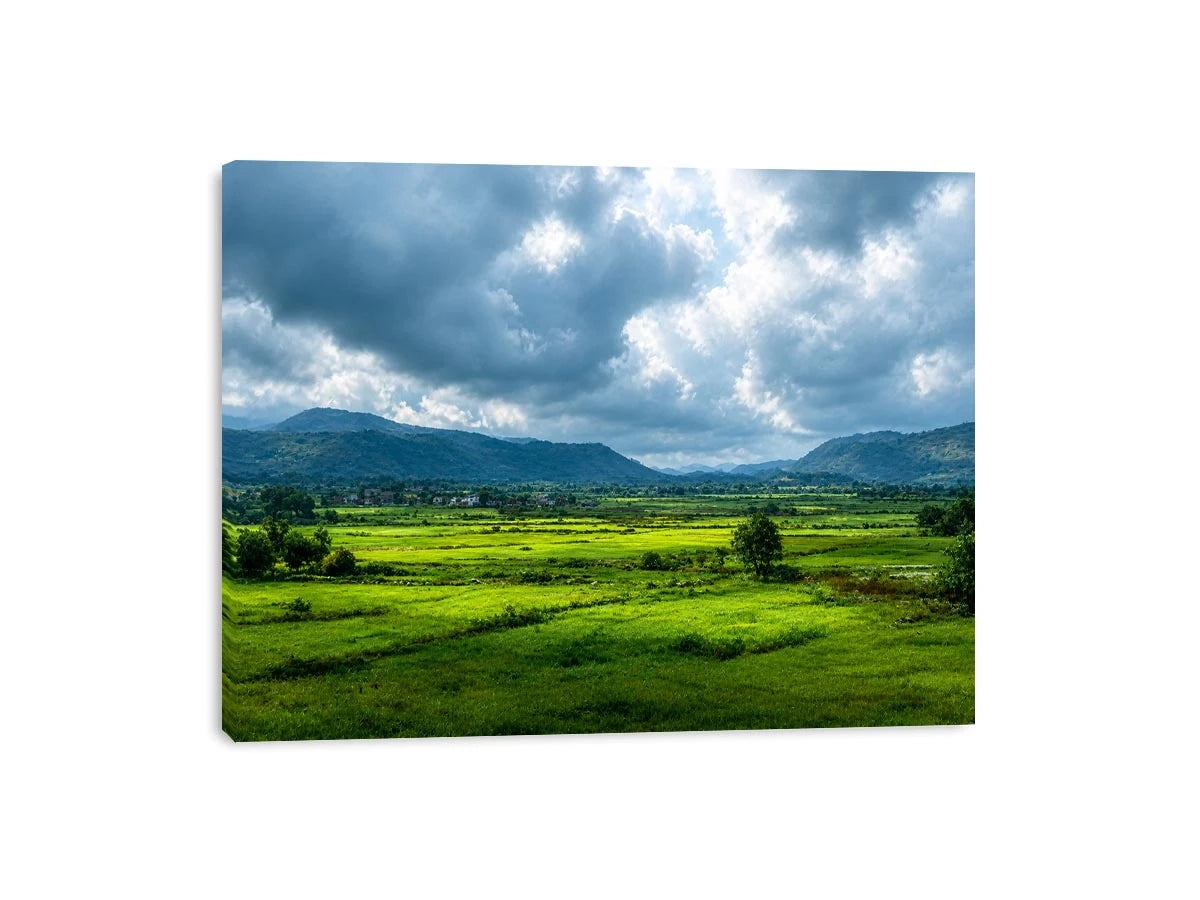 green valley landscape misty hills nature wall art calming countryside canvas
