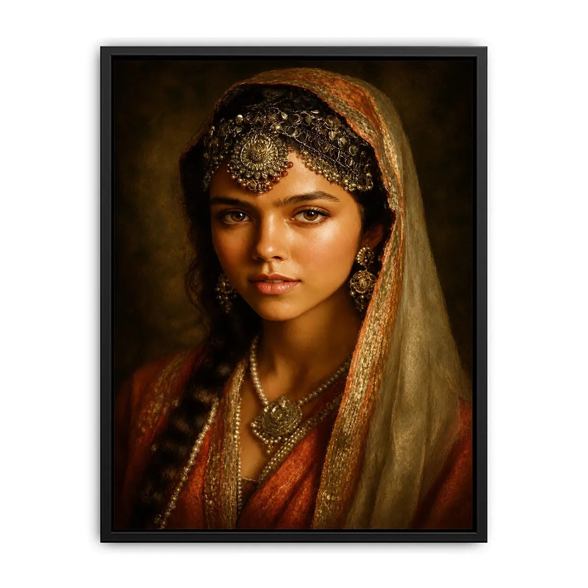 vintage indian woman portrait royal jewelry traditional art canvas wall decor