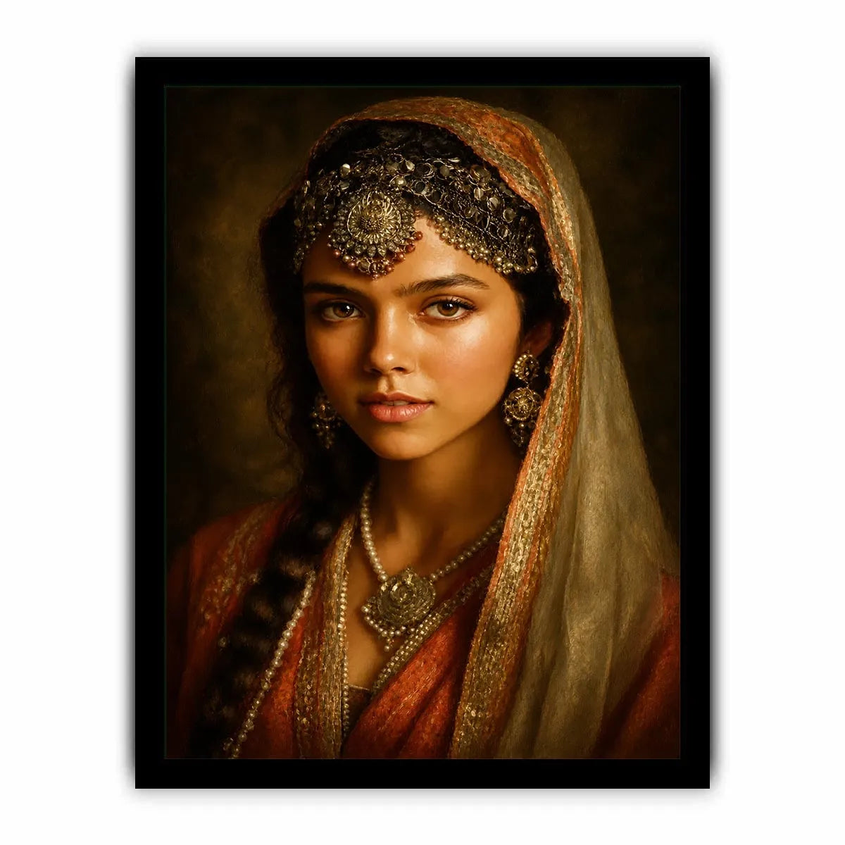 vintage indian woman portrait royal jewelry traditional art canvas wall decor