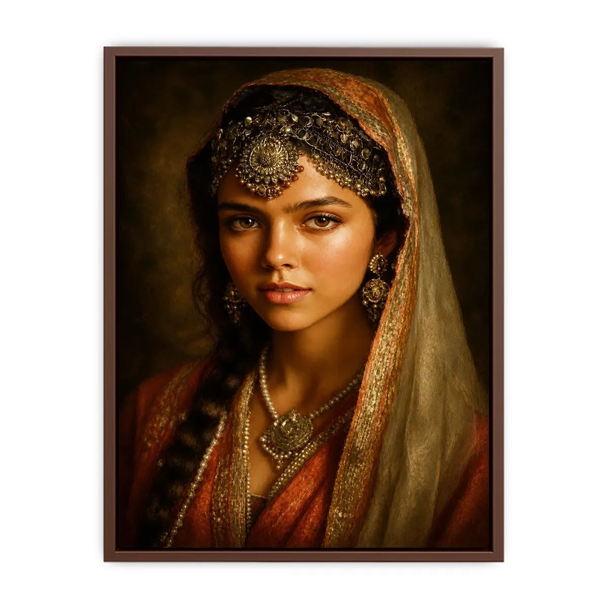 vintage indian woman portrait royal jewelry traditional art canvas wall decor