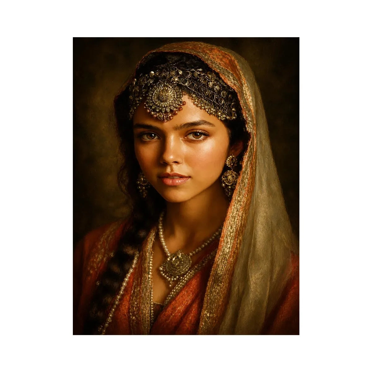 vintage indian woman portrait royal jewelry traditional art canvas wall decor