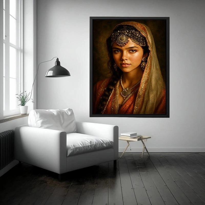 vintage indian woman portrait royal jewelry traditional art canvas wall decor