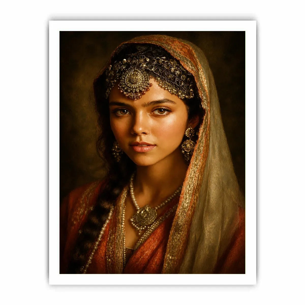 vintage indian woman portrait royal jewelry traditional art canvas wall decor