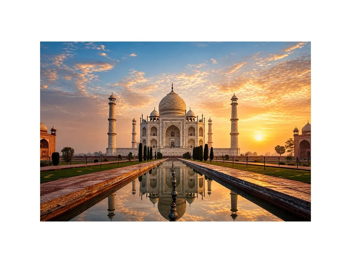 taj mahal sunrise reflection india architecture wall art luxury canvas decor