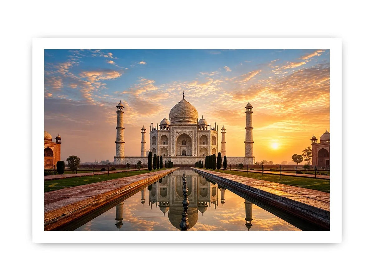 taj mahal sunrise reflection india architecture wall art luxury canvas decor