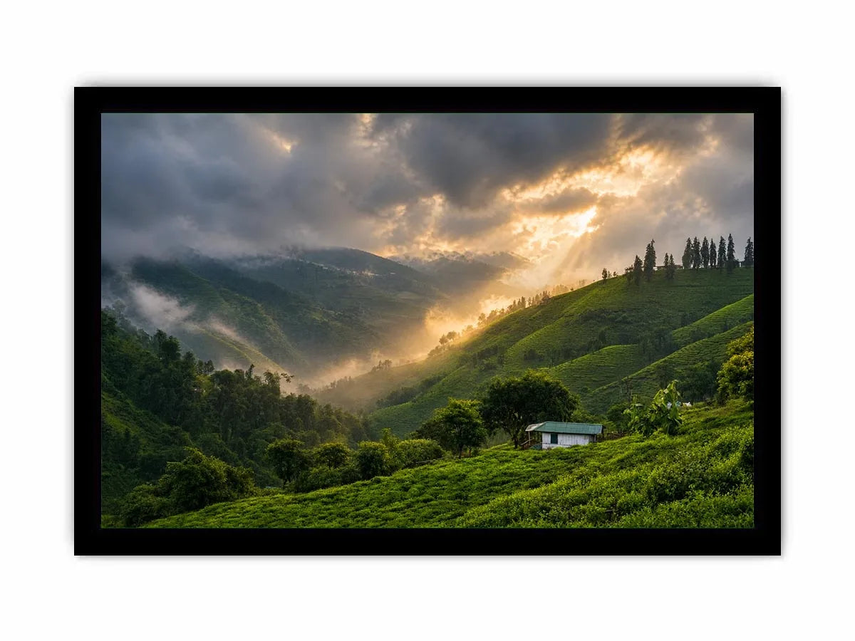 misty green hills landscape fog valley nature wall art peaceful countryside canvas