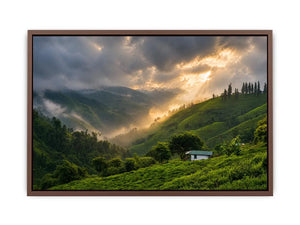 misty green hills landscape fog valley nature wall art peaceful countryside canvas