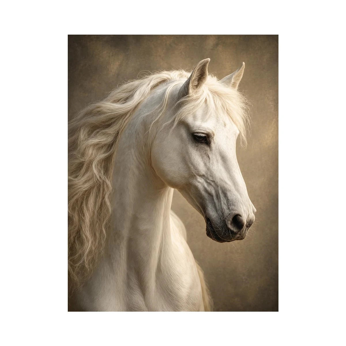 white horse portrait neutral tones elegant animal wall art canvas decor