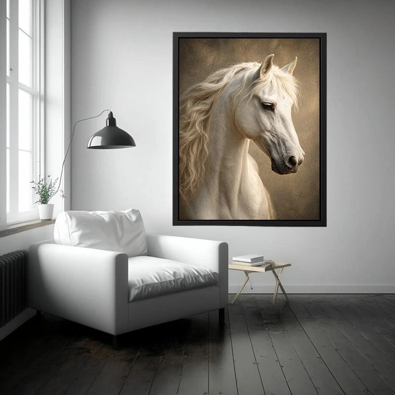 white horse portrait neutral tones elegant animal wall art canvas decor