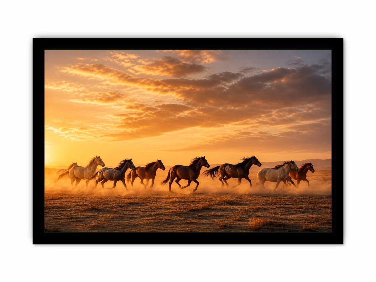 running horses herd desert sunset dust wildlife wall art canvas decor