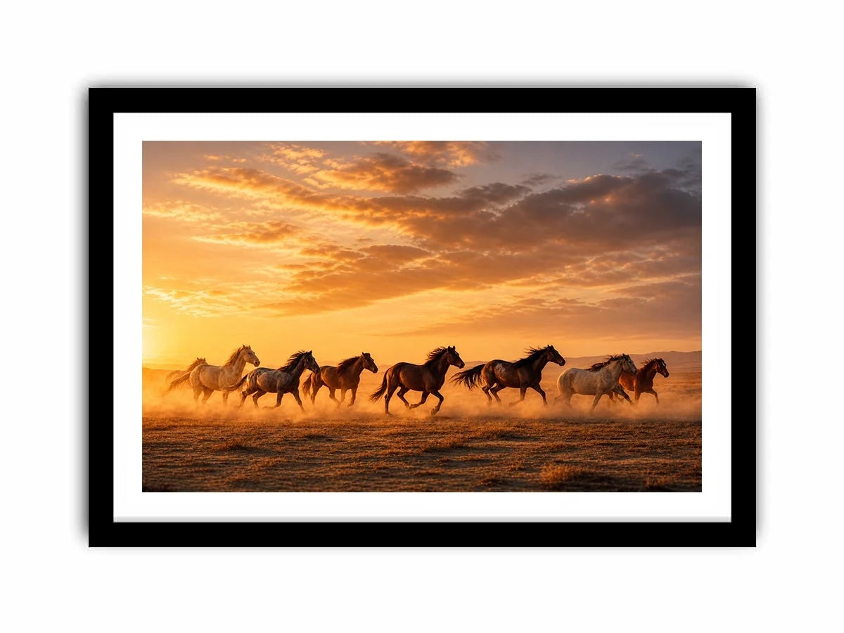 running horses herd desert sunset dust wildlife wall art canvas decor