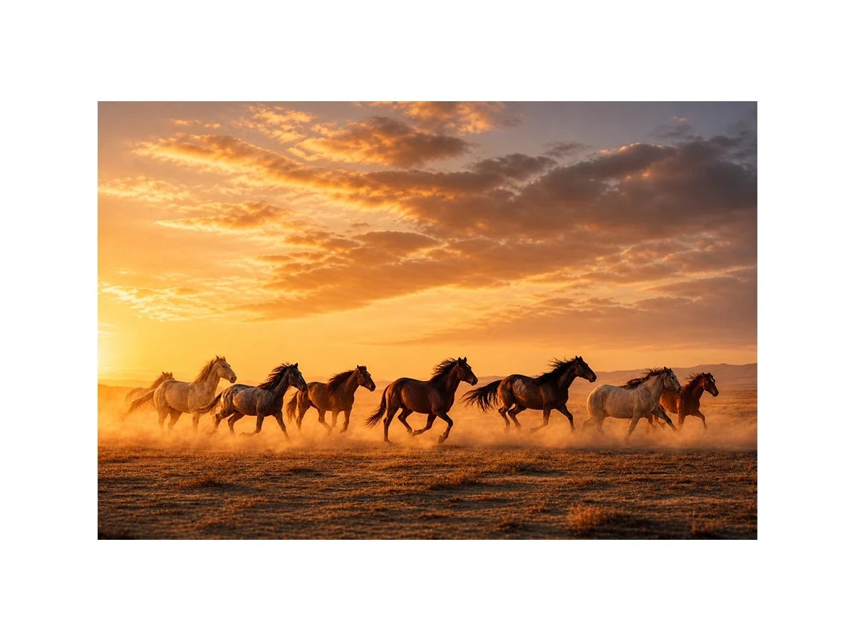 running horses herd desert sunset dust wildlife wall art canvas decor