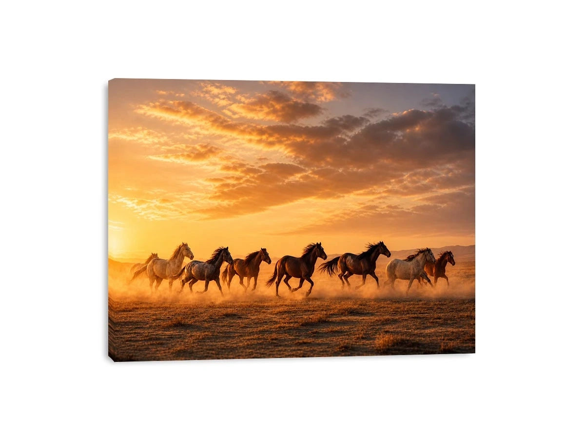 running horses herd desert sunset dust wildlife wall art canvas decor