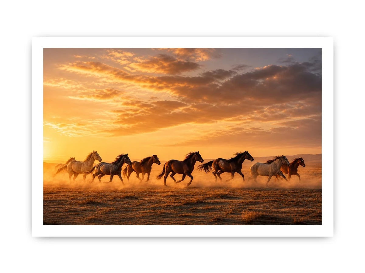 running horses herd desert sunset dust wildlife wall art canvas decor