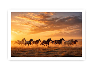 running horses herd desert sunset dust wildlife wall art canvas decor