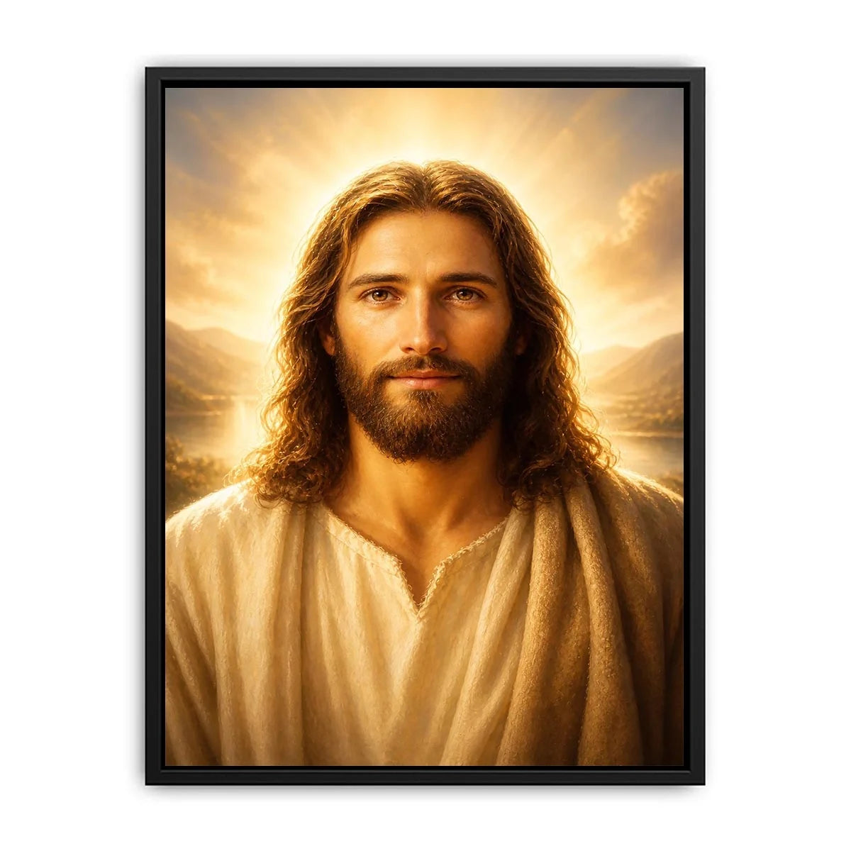 Realistic Jesus portrait wall art with glowing golden heavenly light and peaceful spiritual expression in luxury Christian style